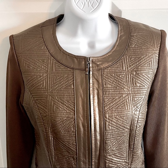 Peter Nygard Bronze Leather & Knit Zip Front Jacket w/ Zipper Pockets - Picture 4 of 11